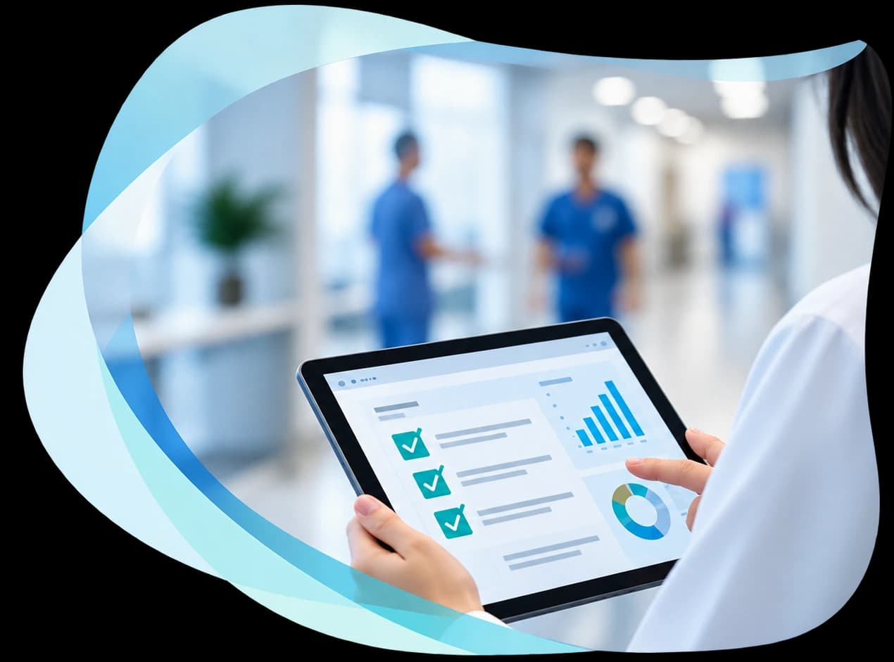 Clinician reviewing a digital infection prevention audit on a tablet in a hospital corridor